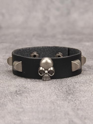 Jeilwiy Punk Leather Wristbands for Men Bracelets Handmade Wide Cuff Bangle Braided Jewelry Black Brown Adjustable - Punk Father's Gifts - color: Skull Metal Bracelet