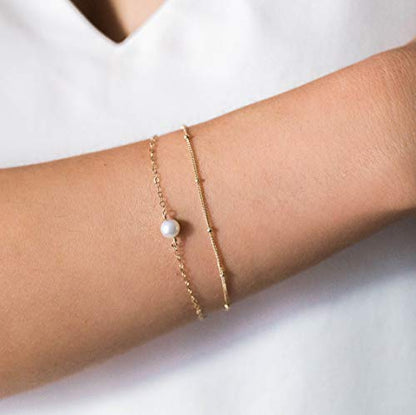 MEVECCO Dainty Chain Bracelets for Women, Layered and Charm Styles | 14K Gold Plated Brass, Select Cubic Zirconia Accents, Single and Multi-Row Structures for Refined Everyday Wristwear - style: 2 Layer 1 Pearl Satellite Chain