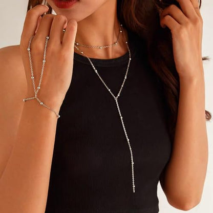 Luxval Lariat Silver Necklace for Women, Dainty Long Necklace Silver Y-Shaped Pendant Necklaces Trendy Beaded Chain Drop Necklaces Jewelry for Women Gifts - color: Silver-Bead Layered