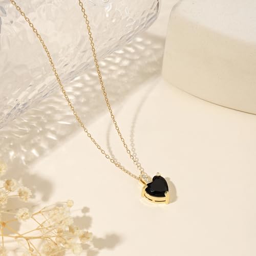Heart Birthstone Necklace for Women, 14K Gold Plated Birthstone Pendant Necklace Cubic Zirconia Diamond Necklace Dainty Gold Necklace Birthday Gifts for Women Girls - color: Black Tourmaline