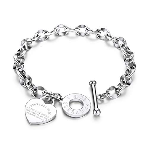 kelistom 316L Stainless Steel Love Heart Charm Bracelet for Women Romantic Gift Silver/Rose/18k Gold Plated OT Clasp Bracelets - color: silver