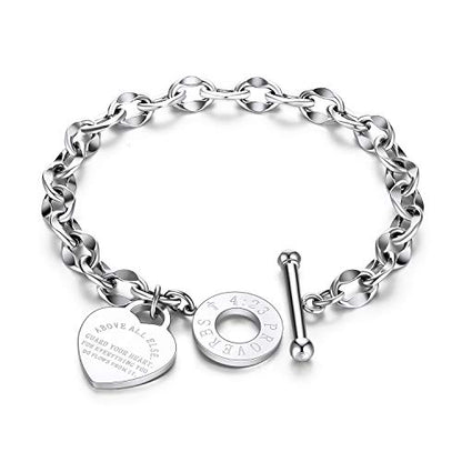 kelistom 316L Stainless Steel Love Heart Charm Bracelet for Women Romantic Gift Silver/Rose/18k Gold Plated OT Clasp Bracelets - color: silver