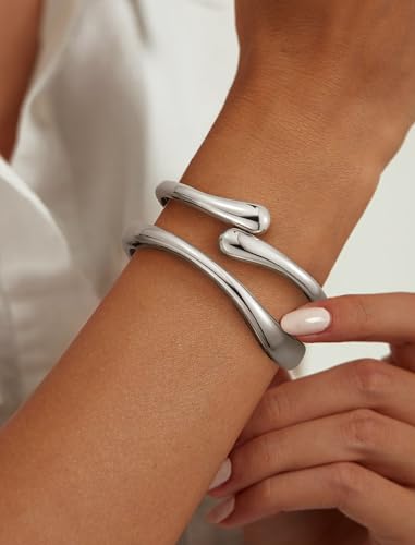 8YEARS Chunky Gold Bangle Bracelets for Women, 14k Gold Plated | Cuff Bangles, Stack Bracelet Set, Wide Trendy Fashion, Jewelry Gifts - color: A-Silver-2PCS