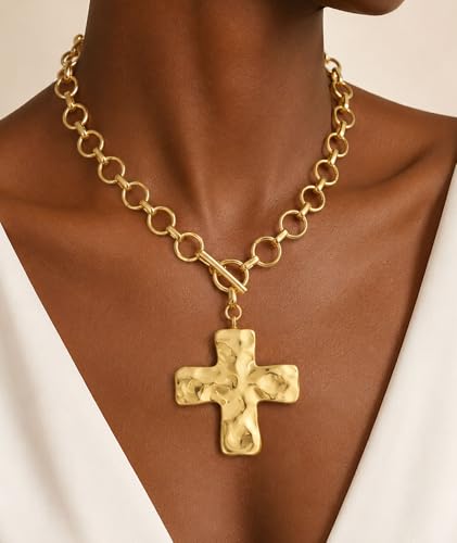 Chunky Gold Necklace for Women Trendy Non Tarnish 14K Gold Plated Paperclip Chain Charm Necklaces Chunky Heart Cross Clover Pearl Pendant Necklace with Toggle Clasp Statement Jewelry Gift for Women - color: F-Cross