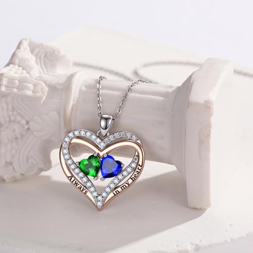 Heart Birthstone Necklace for Women 14K Rose Gold/White Gold Filled Overlapping Double Hearts Pendant Anniversary Valentine's Day Birthday Mother's Day Christmas Gifts for Wife Mom Daughter Her - color: 05-09-May-Sep Birthstone-A, style: Double-Layered Lo