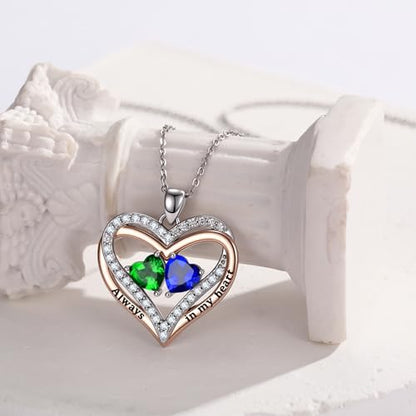 Heart Birthstone Necklace for Women 14K Rose Gold/White Gold Filled Overlapping Double Hearts Pendant Anniversary Valentine's Day Birthday Mother's Day Christmas Gifts for Wife Mom Daughter Her - color: 05-09-May-Sep Birthstone-A, style: Double-Layered Lo