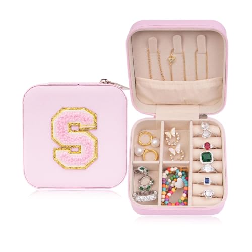 ETHOON Jewelry Travel Case Small Organizer Stocking Box Personalized Gifts Teenage Jewelry Accessories Holiday Wedding Christmas Gift for Women Pink, Letter S - color: Pink S