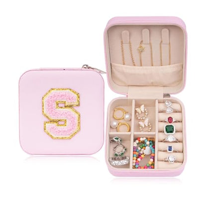 ETHOON Jewelry Travel Case Small Organizer Stocking Box Personalized Gifts Teenage Jewelry Accessories Holiday Wedding Christmas Gift for Women Pink, Letter S - color: Pink S