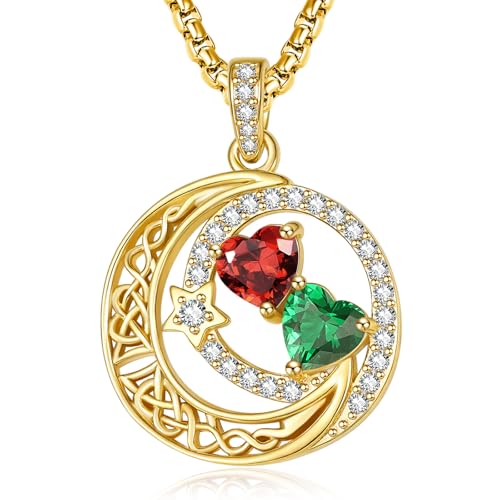 14K Gold Moon and Star Double Birthstone Necklace Gifts for Women | 2 Heart Birthstone Necklace,Mothers Day Wedding Anniversary Birthday Gifts for Wife Mom Daughter Grandma Sister - color: 01-05-Jan-May Birthstone