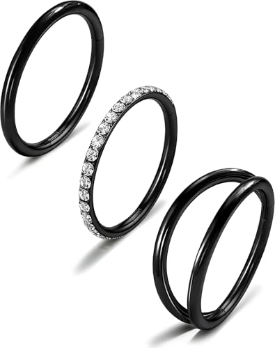 316L Stainless Steel Nose Ring Set – 3PCS Nose Hoops with Cubic Zirconia, 20G/18G, Silver/Black/Gold, 7mm/8mm Sizes, Seamless & Hinged Design for Sensitive Skin Jewelry - color: Black, size: 18g 7mm