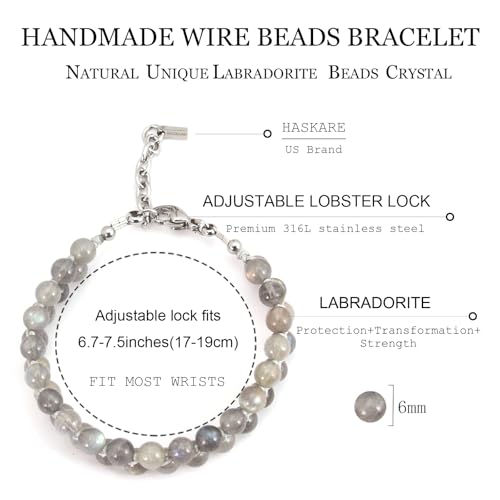 HASKARE Natural Crystal Labradorite Bracelet for Women Unique Beaded Bracelet Handcrafted 6MM Gemstone Protection Power Bead Bracelets with Adjustable Clasp, Good Luck Gift for Women Mom Girlfriend