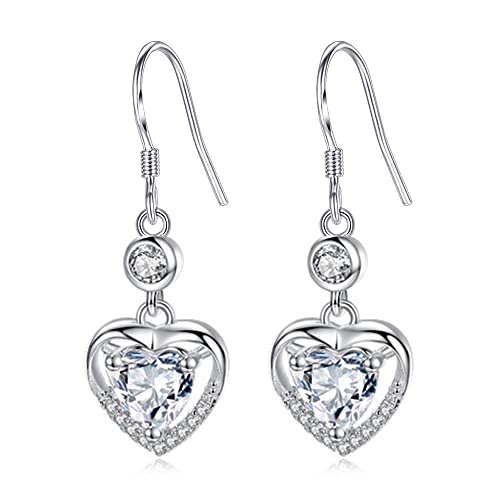 925 Sterling Silver Dangle Earrings with Charms Heart, Water drop, Moon, Star Long Drop Earring for Women Jewelry Gifts Hypoallergenic - color: heart zircon-white