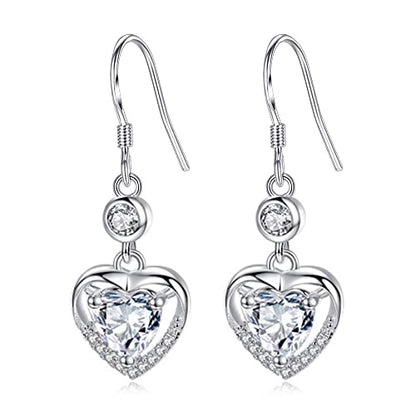 925 Sterling Silver Dangle Earrings with Charms Heart, Water drop, Moon, Star Long Drop Earring for Women Jewelry Gifts Hypoallergenic - color: heart zircon-white