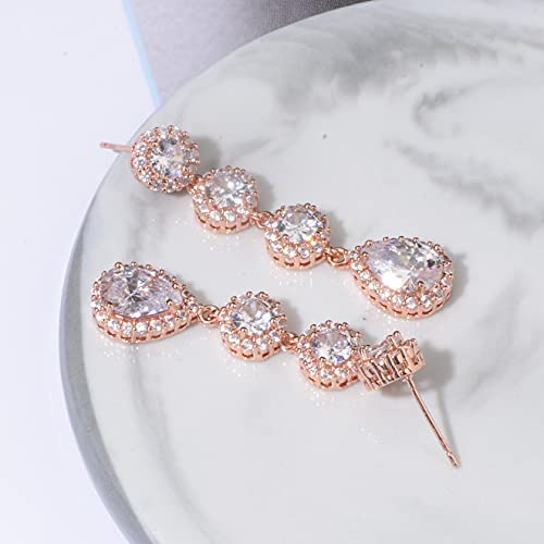 Women's Cubic Zirconia Bridal Earrings - Elegant Long Wedding Party Prom Earring for Bride Bridesmaids Crystal CZ Rhinestone Chandelier Statement Dangle Drop Earrings for girls - color: Clear-rose gold