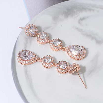 Women's Cubic Zirconia Bridal Earrings - Elegant Long Wedding Party Prom Earring for Bride Bridesmaids Crystal CZ Rhinestone Chandelier Statement Dangle Drop Earrings for girls - color: Clear-rose gold