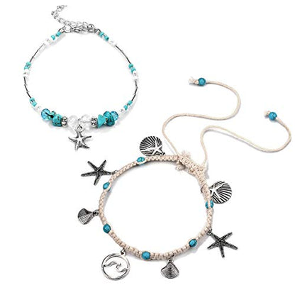 Softones Blue Starfish Turtle Anklet Multilayer Charm Beads Sea Handmade Boho Anklet Foot Jewelry for Women - style: D:2pcs Star Wave