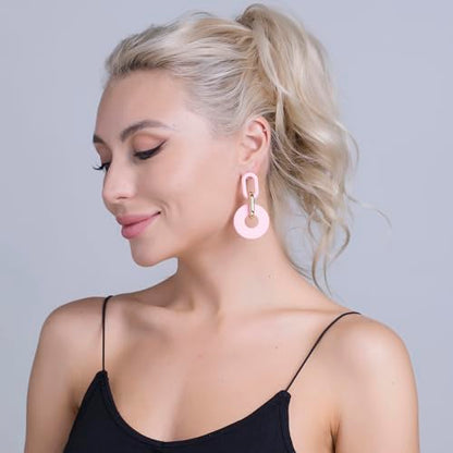 RUOFFETA Acrylic Rectangle Earrings, Fashion Acrylic Square/Oval/Hoop Statement Drop Earrings for Women - color: Pink Round