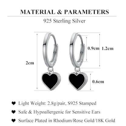 SLUYNZ Solid 925 Sterling Silver Black Heart Hoop Earrings for Women Teens Love Heart Hoop Earrings Huggie - color: A-Sterling Silver
