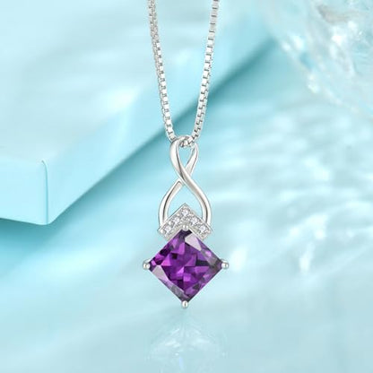 Infinity Necklace 925 Sterling Silver Princess Cut Pendant Birthstone Jewelry for Women - color: Purple