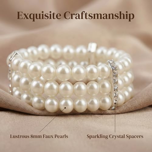 2Pcs Pearl Bracelets for Women, 1920s Vintage Pearl Stretch Bracelet 3-Rows Fake Pearls Bracelet for Women Bridal Wedding Jewelry(White)