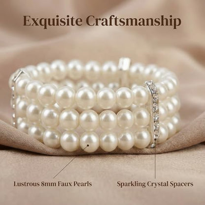 2Pcs Pearl Bracelets for Women, 1920s Vintage Pearl Stretch Bracelet 3-Rows Fake Pearls Bracelet for Women Bridal Wedding Jewelry(White)