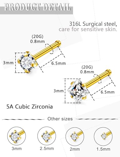 18G 20G 14K Gold Filled Nose Rings Studs Piercing Jewelry For Women Men 316L Surgical Steel Round Square Cubic Zirconia Nose Rings Studs Nostrial Piercing Jewelry CZ 1.5mm 2mm 2.5mm 3mm - color: 14K Gold Plated, size: 20 Gauge-Straight-Round and Square CZ