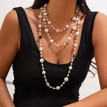 Long Pearl Necklaces for Women Pearl Long Chain Necklace Gold Chain Dainty Delicate Station Necklace Jewelry for Dress Party - color: 3Layer