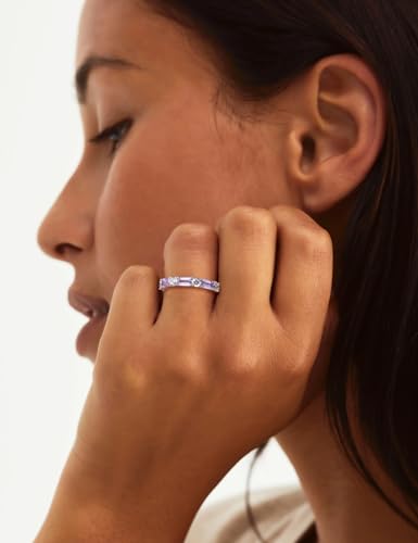 3.5mm Half Eternity Band Sterling Silver Rings for Women Sapphire/Ruby/Emerald and Cz Wedding Bands 7 Stone Stackable Birthstone Ring Anniversary Jewelry Size 6-10 - color: 06-Alexandrite-Jun.