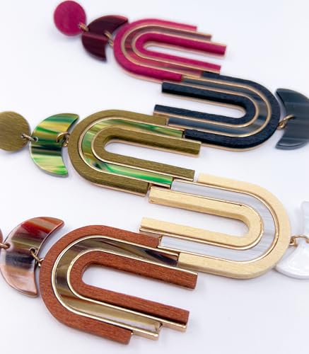 Ozel - Natural Wooden Acrylic Boho Drop Dangle Earrings for Women - Geometric Statement Jewellery - Brown, Black, Magent Red, Olive Green, White beige - color: Arch_Olive