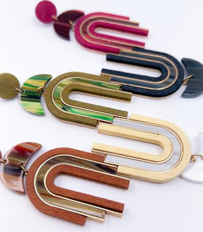 Ozel - Natural Wooden Acrylic Boho Drop Dangle Earrings for Women - Geometric Statement Jewellery - Brown, Black, Magent Red, Olive Green, White beige - color: Arch_Olive