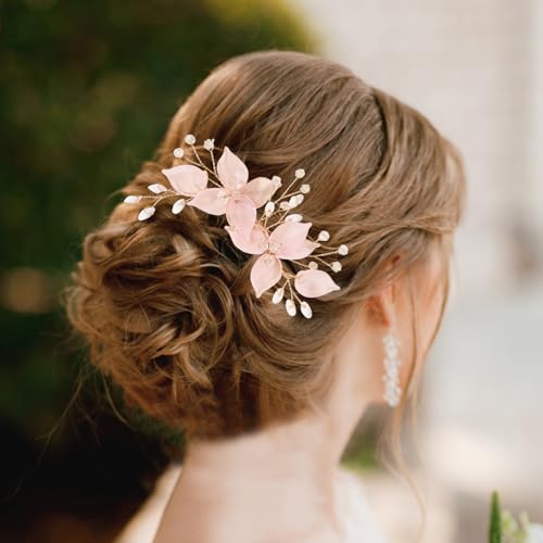 Wedding Hair Clips, Crystal Hair Pins Pearl Rhinestone Hair Barrettes, Bridal Flower Hair Pieces Pearl Headpieces Hair Accessories for Women Girls (Light Pink) - color: Light Pink