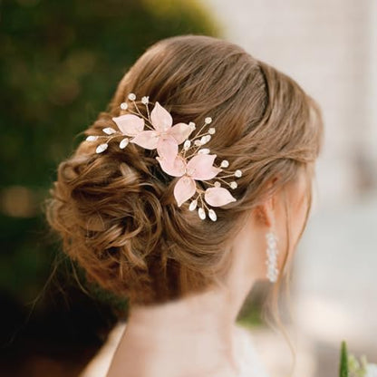 Wedding Hair Clips, Crystal Hair Pins Pearl Rhinestone Hair Barrettes, Bridal Flower Hair Pieces Pearl Headpieces Hair Accessories for Women Girls (Light Pink) - color: Light Pink