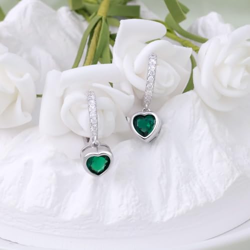 Heart Hoop Earrings with Dangle Sterling Silver Love Heart-Shaped Loop Earrings for Women Hypoallergenic Sparkle Birthstone Cubic Zirconia Hoop Earring with Dangling Charms Dainty Fashion Jewelry Gift - color: Green