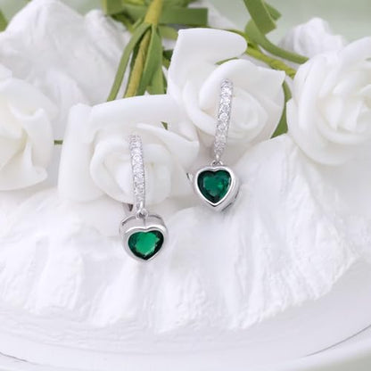 Heart Hoop Earrings with Dangle Sterling Silver Love Heart-Shaped Loop Earrings for Women Hypoallergenic Sparkle Birthstone Cubic Zirconia Hoop Earring with Dangling Charms Dainty Fashion Jewelry Gift - color: Green
