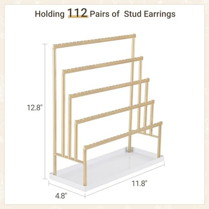 Mkono 5-Tier Earring Holder Organizer, Gold Jewelry Display Stand with Tray | 112 Pairs Ear Stud Hanger, Storage Bracelet Rings ,Anti-Tip Metal Rack, Vanity & Counter Use, Home Room Decor, Gift for Women