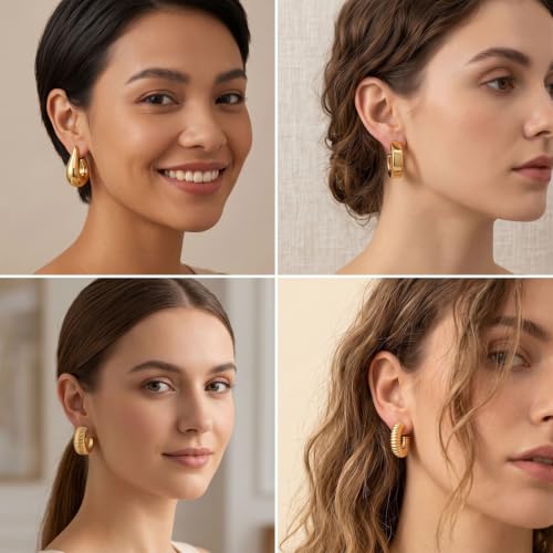12 Pairs Chunky Gold Hoop Earrings Set for Women | Thick tube hoops, teardrop shapes, ribbed and twisted textures, hammered finish, lightweight trendy everyday jewelry set