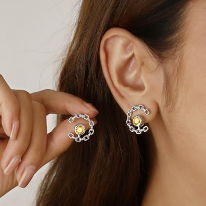Elegant C-Shaped Crystal Stud Earrings with Birthstone Earring Silver Plated Fashion Jewelry for Women CE0003 - color: Yellow-November