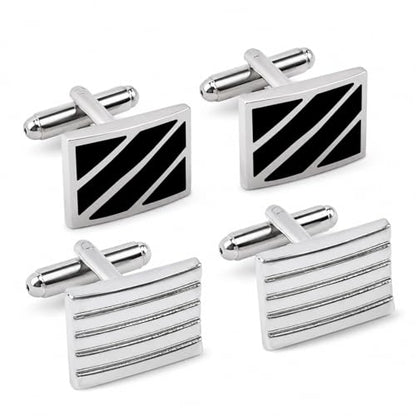 LUOZZY 2pair French Cufflinks for Men Luxury Silver Plated Rectangle Shirt Studs Classic Black Enamel Diagonal Stripes Business Tuxedo Suit Accessories Modern Grooved Line Set