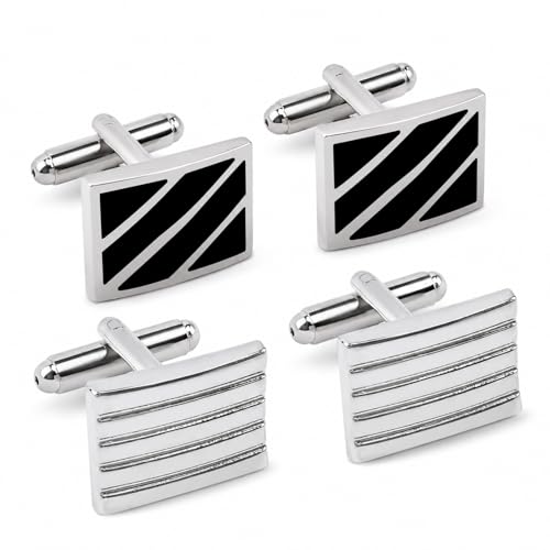 LUOZZY 2pair French Cufflinks for Men Luxury Silver Plated Rectangle Shirt Studs Classic Black Enamel Diagonal Stripes Business Tuxedo Suit Accessories Modern Grooved Line Set