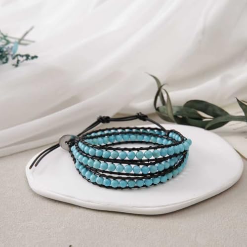 Handmade Alloy Leather Natural Stone Bead Statement Bracelet Bangle Cuff Rope 3 Wrap Adjustable Jewelry Collection - color: BlueTurquoise& 3Wrap Black Leather Cord