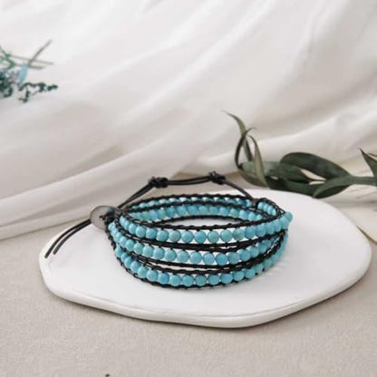 Handmade Alloy Leather Natural Stone Bead Statement Bracelet Bangle Cuff Rope 3 Wrap Adjustable Jewelry Collection - color: BlueTurquoise& 3Wrap Black Leather Cord