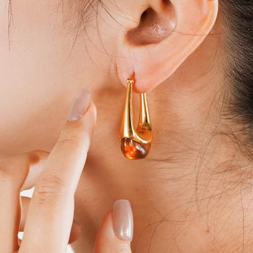 Acrylic Gold Hoop Earrings Chunky Statement Dangle Drop Huggie Earring Colorful Resin Jewelry for Women - color: Amber