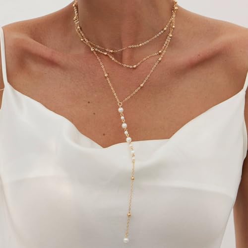 Trendy Gold Layered Small Beaded Pearl Long Tassel Lariat Y Necklaces for Women, Dainty Beads Pearls Drop Necklace Statement Charm Party Jewelry Gift - color: Gold