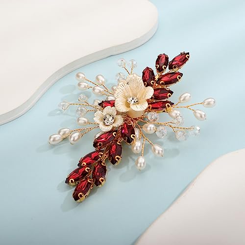 Xerling Wine Red Rhinestones Crystal Flower Hair Barrettes Clip Boho Bridal Pearl Hair Jewelry Accessories for Women Wedding Floral Headpieces (Wine Red) - color: Wine Red