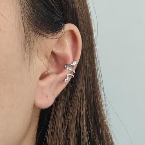 Gold Ear Cuff Earrings for Women Non Piercing 14K Gold Plated/Silver Cuff Clip On Cartilage Hoop Shining Cubic Zirconia Twisted Chain Ear Clip On Earring for Women Chunky Ear Cuffs Earrings - color: Silver-Snake