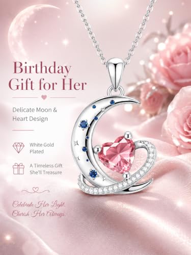 Birthstone Necklace for Women White Gold Moon and Star Pendant Moon Jewelry Anniversary Birthday Gifts for Mom Wife Her - color: 10. October - Pink Tourmaline