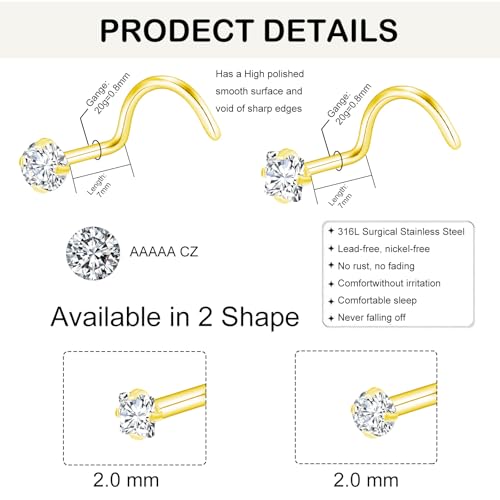 20G Nose Rings Studs for Women Corkscrew Sliver Nose Studs Hypoallergenic Nose Rings 316L Stainless Steel Nose Nostril Percing Jewely for Women Men Round Square CZ Imitation Diamond 1.5mm/2.0mm/2.5mm/3.0mm - style: 20G-corkscrew-gold-2.0mm