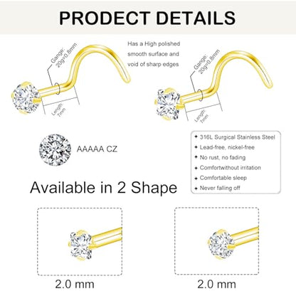 20G Nose Rings Studs for Women Corkscrew Sliver Nose Studs Hypoallergenic Nose Rings 316L Stainless Steel Nose Nostril Percing Jewely for Women Men Round Square CZ Imitation Diamond 1.5mm/2.0mm/2.5mm/3.0mm - style: 20G-corkscrew-gold-2.0mm