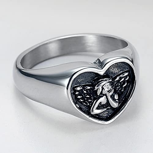 Jude Jewelers Stainless Steel Heart Shaped Signet Style Angel Pattern Statement Promise Wedding Ring - color: Silver