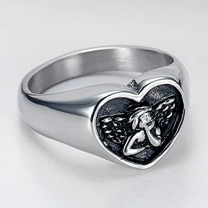 Jude Jewelers Stainless Steel Heart Shaped Signet Style Angel Pattern Statement Promise Wedding Ring - color: Silver
